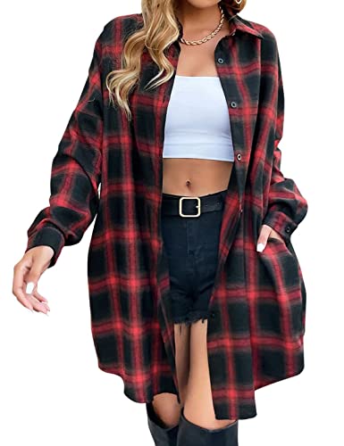 HangNiFang Lange Flanellhemden für Damen, Knopfleiste, karierte Hemden, Kleider, Taschen, Red, Klein