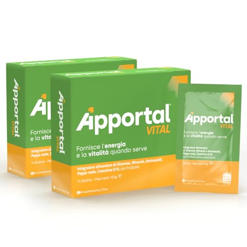Apportal Vital, integratore alimentare con Vitamina D3 e B12 Sucrosomiali®, Per stanchezza fisica e mentale, Pappa Reale, Senza Lattosio, Glutine, Caffeina, Taurina né Ginseng, 14 + 14 bustine