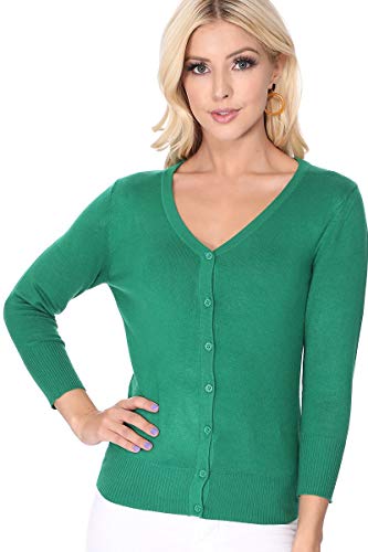 YEMAK Women's Knit Cardigan Sweater – 3/4 Sleeve V-Neck Basic Classic Casual Button Down Soft Lightweight Top (S-3XL)4