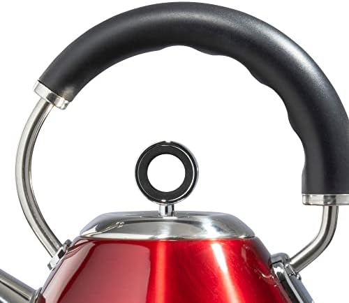 Daewoo Kensington 1.7L, 3000W Fast Boil Pyramid Kettle, Stainless Steel Body with Cordless Rotational Base and Concealed Heating Element, Space Saving Cord Storage and LED Indicator- Red