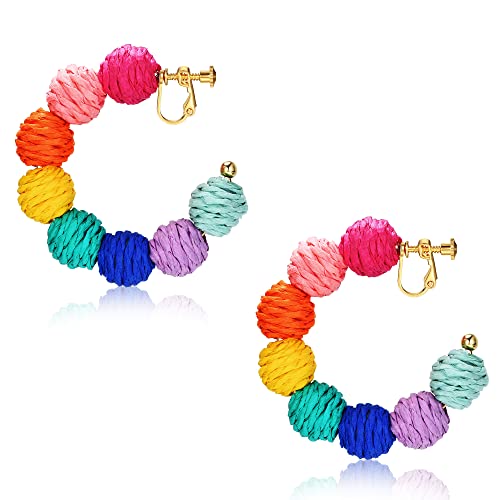 Fasacco Clip On Raffia Earrings Colorful Clip Hoop Earrings Beach Summer Clip On Earrings Cute Boho Rattan Earrings #TOP23