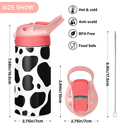 Black & White Cow Print Kids Water Bottle With Straw Lid, Vacuum Insulated Stainless Steel Double Walled Leakproof Tumbler Travel Cup For Girls Boys Toddlers, 12 Oz #TOP2