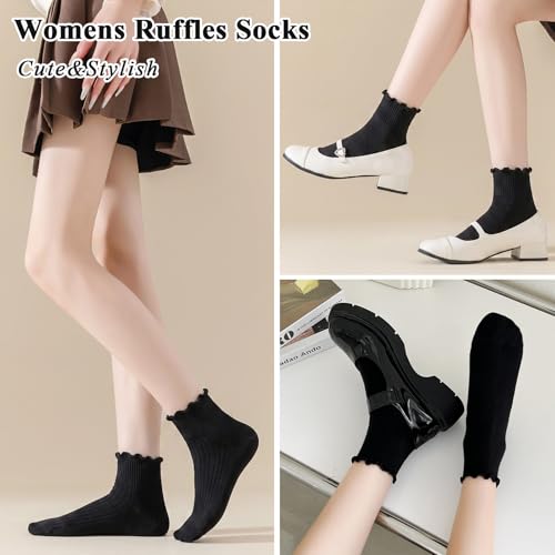 Image of BIVOLU Womens Ankle Socks Ruffle Cotton Cute Frilly Trim Breathable Ankle Ruffled Socks 6 Pack