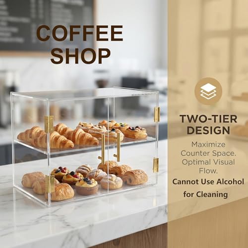 Acrylic 2-Tier Bakery Display Case with Elastic Hinges, Commercial Countertop Pastry Display Box, 18.9" x 9.29" x 13.39" for Cupcakes, Donuts & Desserts - Image 3