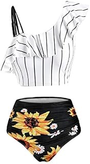 Womens One Shoulder Ruffle Slimming Tankini Swimsuits Sets Sunflower Print Two Piece Bathing