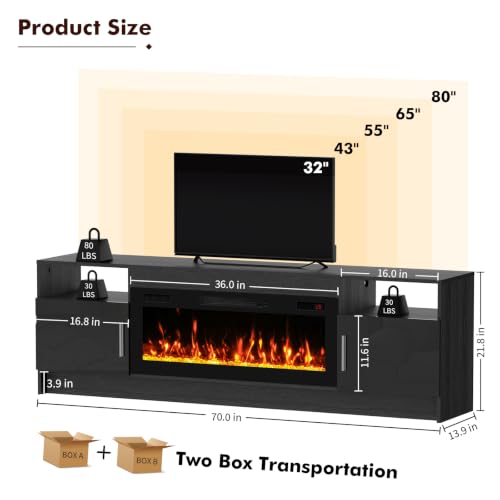 BREEZEHEAT Electric Fireplace TV Stand for 65-80 Inch TV - Entertainment Center with 36" Crystal Fireplace and LED Light - Storage Cabinet, High Glossy Door, TV Console for Living Room, 70" Black