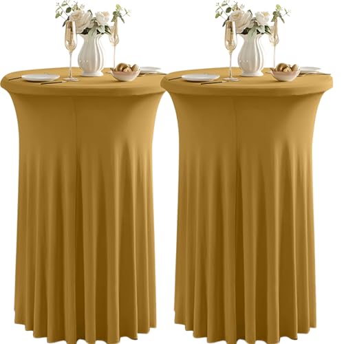 Qubjus 2 Pack Round Cocktail Table Covers with Skirt Stretch Spandex Tablecloth 32"x43" Cocktail Round Tablecloth for Party Wedding Birthday Banquet, Gold