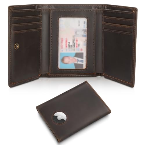 Polare Full Grain Leather Trifold Wallet with AirTag Slot RFID Blocking Credit Card Holder with ID Window for Men