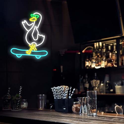 Image of Duck Skateboarding Neon Sign With Sunglasses - LED Light for Wall Decor, Bar, Man Cave, Game Room - Dimmable Skateboarder Wall Art 12.6 inch15.4 inch