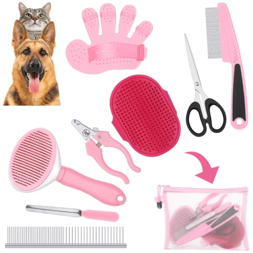 Image of Yaomiao Dog Brush Grooming Kit 9 Pcs Kit with Pet Nail Clipper and File Cat Grooming Deshedding Undercoat Rake Comb for All Breeds Sizes Promotes Healthy Skin Coat(Fresh Color)