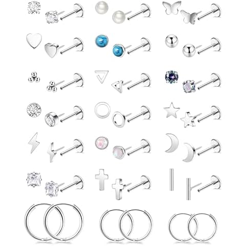 REVOLIA 21Pairs 20G Threadless Cartilage Earrings Set Surgical Steel Push in Earrings for Women Men Hypoallergenic Flat Back Earrings Huggie Hoop Earrings Heart Star Pearl Stud Earrings for Multiple Piercing 6/8mm S-8mm Cover