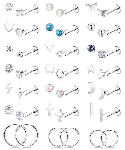REVOLIA 21Pairs 20G Threadless Cartilage Earrings Set Surgical Steel Push in Earrings for Women Men Hypoallergenic Flat Back Earrings Huggie Hoop Earrings Heart Star Pearl Stud for Multiple Piercing