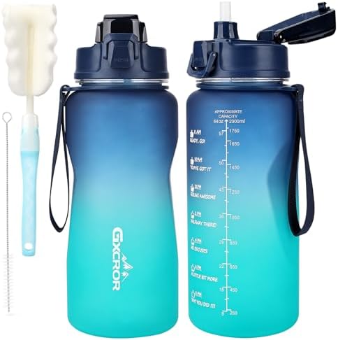 GXCROR 2 Litre Water Bottle,Water Bottle 2L BPA Free Leakproof Dishwasher Safe Motivational Sport Gym Large Intake Bottle with Straw&Time Marking