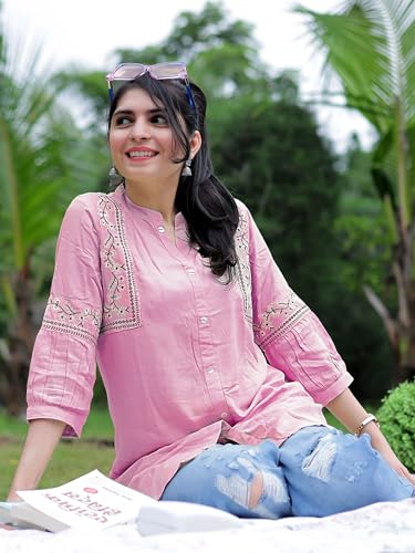 Image of Women's Viscose Rayon Embroidered A-Line Short Kurti Above Knee Regular Fit Tunic Top Office Wear Casual short kurti for women | office wear top | A-line kurti | raksha bandhan gift dress for women