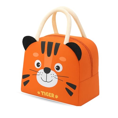 SIGMO Kids Mini Lunch Bag for Play-School Nursery Kindergarten | Compact 4L Leakproof Thermal Tiffin Bag for 2-6 Year Olds | Small Size, Cartoon Printed (Orange Tiger)
