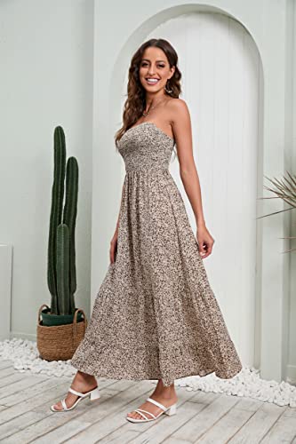 Grecerelle Summer Casual Floral Dress For Women Strapless Maxi Dress For Vacation(Small, Floret Coffee) #TOP3