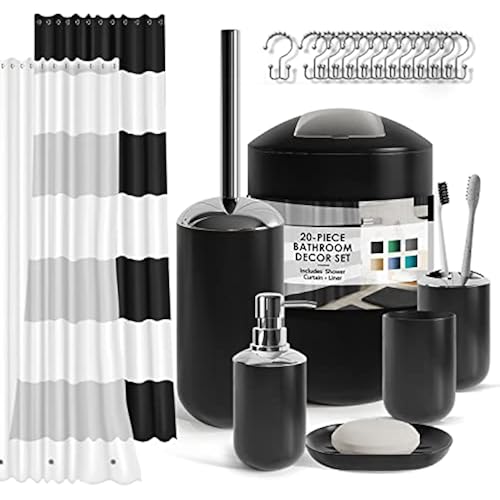 Clara Clark Bathroom Set - Black Bathroom Accessories Set, 20PC Bathroom Accessory Set, Shower Curtain Set, Soap Dispenser, Toilet Brush, & Trash Can