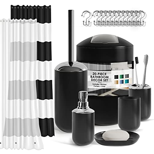 Clara Clark Bathroom Set - Black Bathroom Accessories Set, 20PC Bathroom Accessory Set, Shower Curtain Set, Soap Dispenser, Toilet Brush, & Trash Can by Clara Clark - Used condition - US$25.85