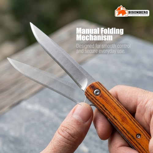 Image of BISONBERG Folding Pocket Knife with Leather Sheath, Wood Handle, long Blade, for Kitchen Use