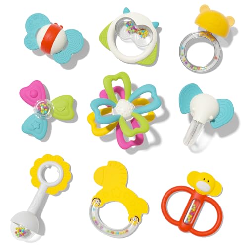 Sonajero Mordedor Bebe 0-12 Messes Juguete Blanditos, 9 Piezas Juguetes para la Dentición, Juguete Montessori Sensorial para Bebe 0-3-6-9-12 Meses, Regalo Recien Nacido Niño Niña