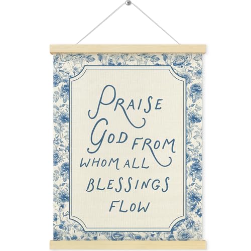 QEJ Blue Floral Christian Wall Art Decor, Praise God from Whom All Blessings Flow Bible Verse Canvas Poster Hanger Frame, Blue and White Chinoiserie Wall Decorations for Bedroom Home Decor, 12x16 Inch