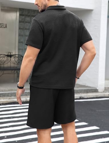 Image of ZAFUL Men's 2 Pieces Sets Outfits Summer Beach Set Short Sleeve Button Down Zip Up Shirt And Short Sets
