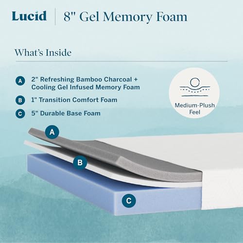 Image of Lucid 8 inch Plush Gel Memory Foam Mattress - Bamboo Charcoal & Cooling Gel - Fiberglass Free - Bed in a Box - CertiPUR-US Certified - Twin XL Size