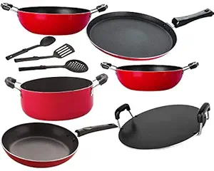 NIRLON Aluminium Non-Stick Coated Oil Free with bakelite Handle Cookware Combo Set - 9 Pieces [FT13_KD12_KD14_RT_Cass20_TP24_3SPN]