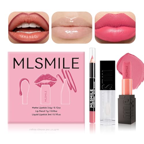3 Stück Matt Lippenstift & Lip Liner Set, Hochpigmentiert Lang Anhaltend Samtige Lippen Make Up Set, Leichte Glatte Textur Mit Naked-Feel Lipstick Lipliner & Lip Oil Make Up Geschenk Set (Set A)