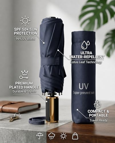 Image of UV Protection Compact Folding Umbrella for Men & Women || Windproof, Waterproof Travel Umbrella with Storage Case || Sun & Rain Protection || Lightweight Portable Umbrella