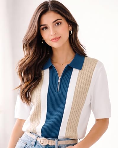 Image of AUSK Women's Casual Summer Polo Knit T-Shirt | Zip Collar Top | Half Sleeves | Ribbed Panel Design | Lightweight Comfort | Regular Fit