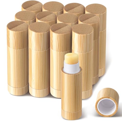 Leinuosen 12 Pcs Bamboo Empty Lipstick Tubes, Refillable 5g Lip Balm Containers with Rotable Plastic Inner for Women Girl DIY Cosmetic Lip Gloss Tubes for Lipstick, Deodorant, Solid Perfume, Makeup