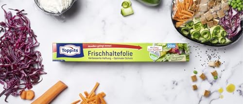 Toppits Frischhaltefolie - 1 x 20m Selbsthaftende 3-Schicht Spezialfolie, Ergonomische Packung mit Abreiß-Säge, Transparent