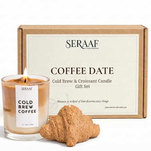 SERAAF Coffee Date Valentine Gift for Girlfriend - Cold Brew Coffee and Croissant Scented Candle Gift Set, 100% Soy Wax, Premium Fragrance, Handcrafted, Gift Ready Packaging
