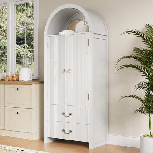 Image of FURSUN 71 inch Arched Storage Cabinet with Fluted Doors, Tall Wood Pantry Cabinet with Drawers & Adjustable Shelves, Modern Coffee Bar Cabinet, White