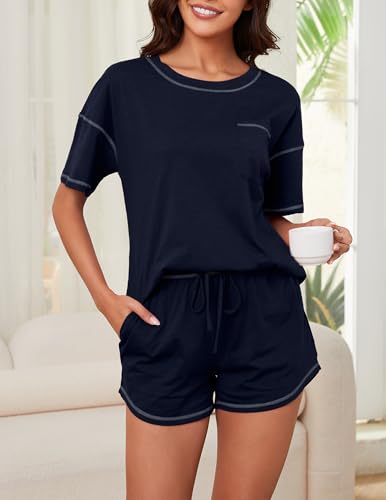 Image of KCW Pajamas for Women Set 2 Piece 100% Cotton Lounge Sets Short Sleeve Top and Shorts Pj Set Sleepwear Outfits