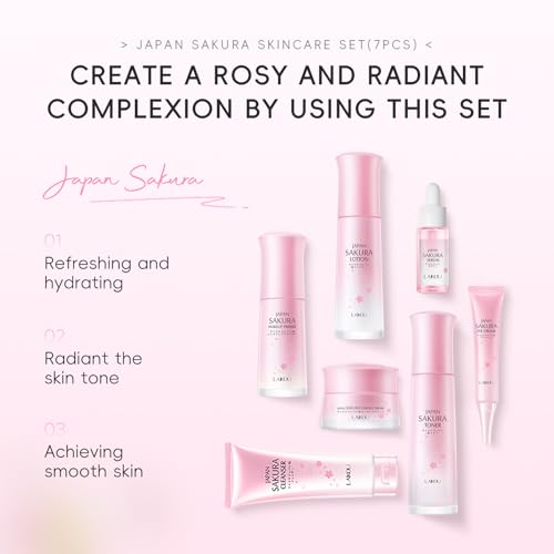 LAIKOU JAPAN SAKURA Skin Care, Skin Care Set with Cleanser, Toner, Lotion, Eye Cream, Makeup Primer, Essence Cream and Serum for Women Mother's Day Valentine's Day Christmas Birthday Beginner Kit 7pcs