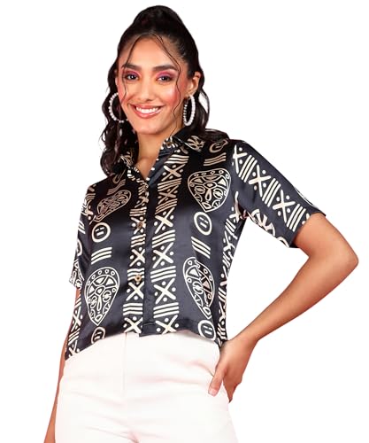 Image of POPWINGS Ethnic Printed Cotton Half Sleeves Regular Fit Crop Shirts for Women Stylish Western Casual Wear
