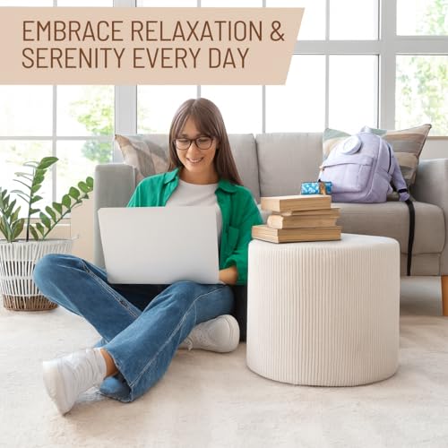 KKdema Corduroy White Ottoman Foot Rest Stool – Textured Boucle Corduroy Fabric Footstool with Soft Foam, Round Lightweight Pouf for Cozy Living Room, Bedroom – Warm White by KKdema - Image 5