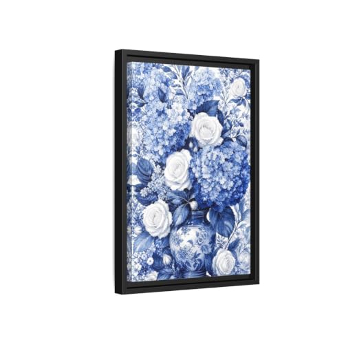 Toile florale bleue déco murale salon tableau encadré 30x45