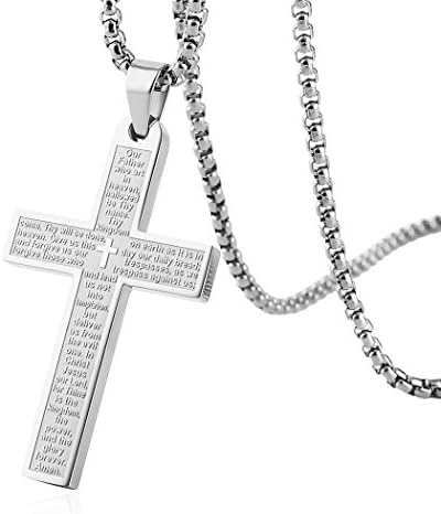 HZMAN Stainless Steel Mens Womens Cross Necklace Lord's Prayer Pendant, 4 Colors Available (Silver)