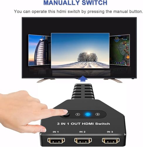 HDMI Switch 3 in 1 Out, 4K@30hz HDMI Splitter, 3 Ports HDMI Switcher Supports Full HD 1080P 3D Compatible with Roku Fire TV Stick HDTV PS4/PS5 Xbox One Chromecast, Compatible with Mac/Win/Linux - Thumbnail 4