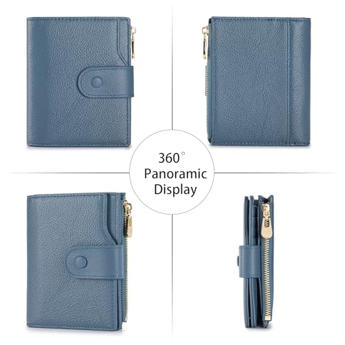 Genuine Leather Wallets for Women RFID Blocking Bifold with Zipper Pocket, 2 ID Windows, 18 Card Slots, Blue2