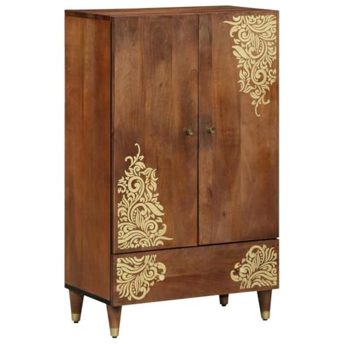 vidaXL Highboard mit Regal Braun 60 x 33 x 100 cm Massivholz Mango, Eleganter Wohnzimmerschrank, rechteckige Aufbewahrung, Mango-Holz, Messinggriffe, modern, schickes Design