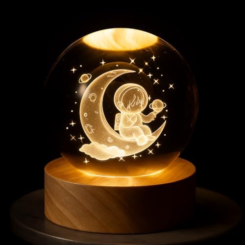 Luminária de Mesa LED Bola de Cristal 3D com Base de Madeira Desi...