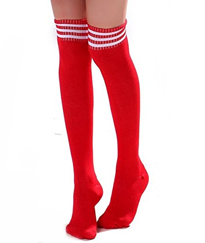 Medias de fútbol altas, por encima de la rodilla, con tres rayas para mujer. Rojo y blanco Cover