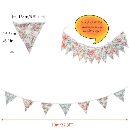 Image of Zwiebeco 32Ft Vintage Flowers Fabric Pennant Banner Triangle Flags Cotton Retro Floral Bunting Party Decorations for Birthday Engagement Wedding Baby Shower Spring Rustic Village Home Garden Decor
