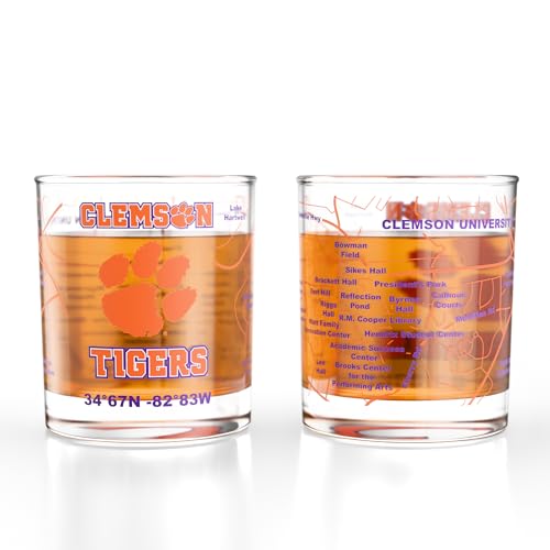 Image of Greenline Goods - University of Clemson Tigers College Whiskey Glasses (Set of 2), 10 oz - Full-Color Logo + Campus Map