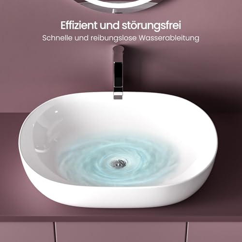 EMKE Waschbecken – Aufsatzwaschbecken Oval, 60 x 41 x 13 cm, Weiß, Kratzfest Waschbecken Bad, Leicht zu Installieren & Reinigen, Waschtisch für Bad & Gäste-WC