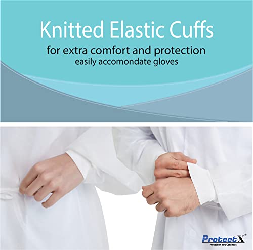 ProtectX (White 10 Pack) Disposable Breathable Polypropylene Isolation Gown with Elastic Knit Cuffs, Covered Back, Extra-Long Double Ties, Universal Size - Thumbnail 3